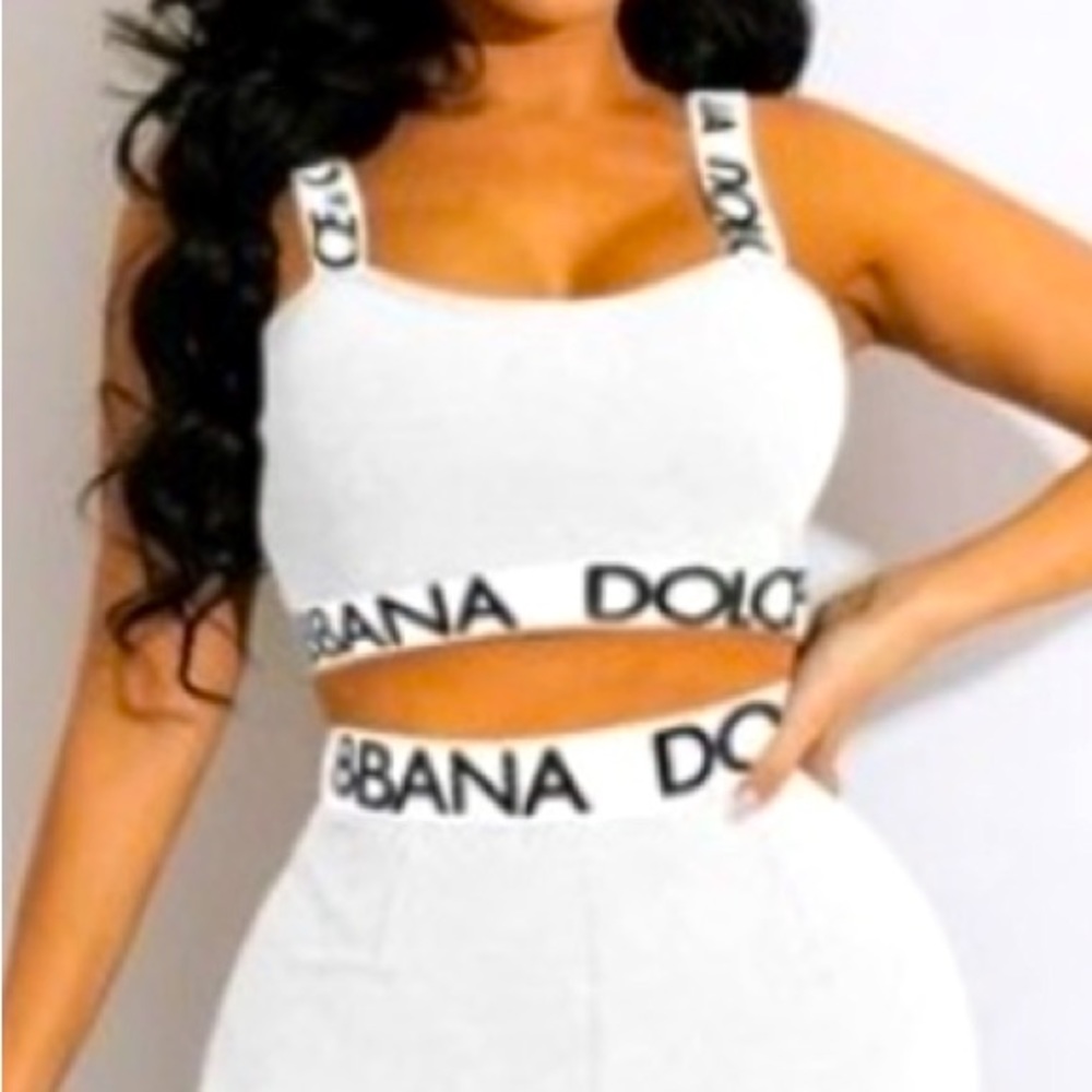 White Dolce & Gabbana Inspired Cami Crop Top & Stretchy Pants Outfit - Picture 4 of 13